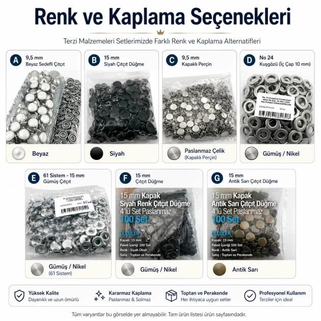Tailor Supply and Repair Sample Set – Snap Fasteners, Eyelets, Rivets and Jeans Buttons – Press and Dies Not Included TERZI-SARF-NUMUNE-SET01