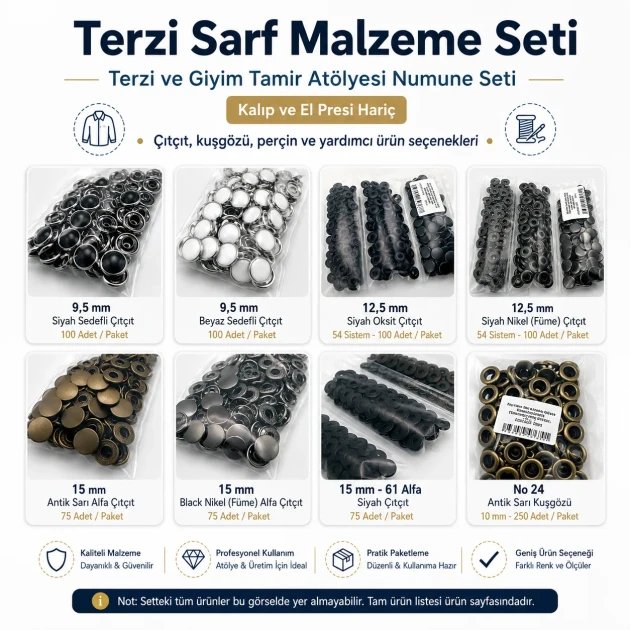 Tailor Supply and Repair Sample Set – Snap Fasteners, Eyelets, Rivets and Jeans Buttons – Press and Dies Not Included TERZI-SARF-NUMUNE-SET01