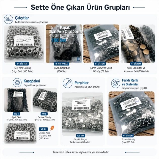 Tailor Supply and Repair Sample Set – Snap Fasteners, Eyelets, Rivets and Jeans Buttons – Press and Dies Not Included TERZI-SARF-NUMUNE-SET01