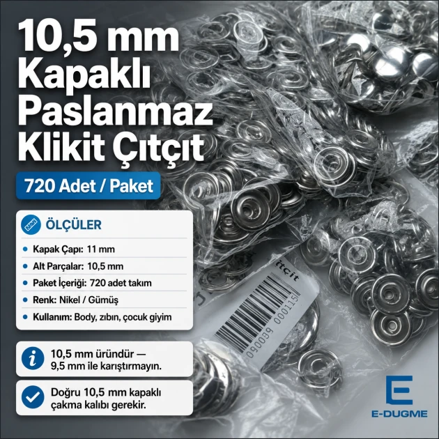 10.5 mm / 0.41 in Stainless Capped Prong Snap Fasteners - Durable and Stylish for Clothing and Accessories
