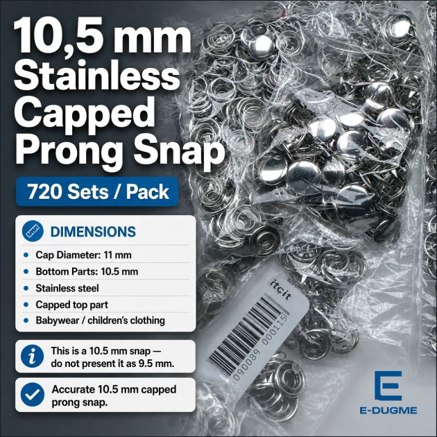 9.5 mm Stainless Steel Ring-Style Baby Prong Snap Fasteners for jackets, bags, and textile projects