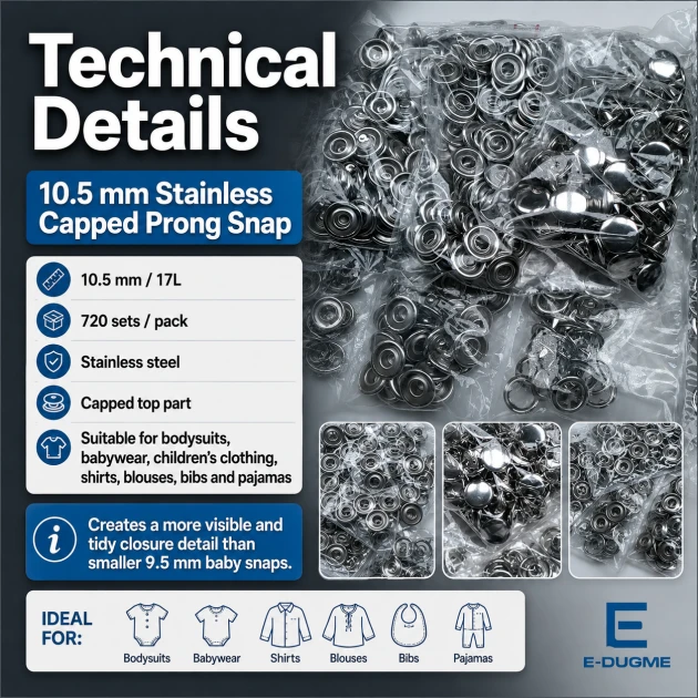 9.5 mm Stainless Steel Ring-Style Baby Prong Snap Fasteners for jackets, bags, and textile projects