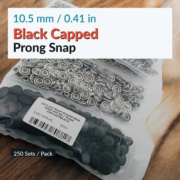 10.5 mm / 0.41 in Black Capped Stainless Prong Snap Fasteners, 250 Sets/Pack for sewing and fabric projects
