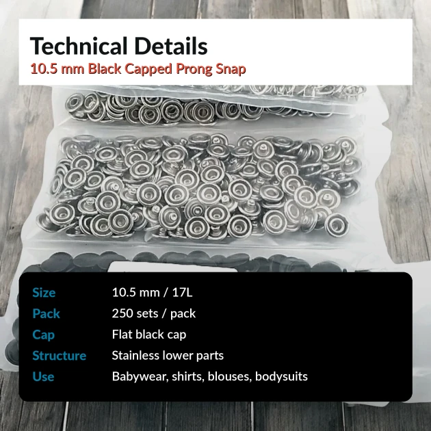 10.5 mm / 0.41 in Black Capped Stainless Prong Snap Fasteners, 250 Sets/Pack for sewing and fabric projects