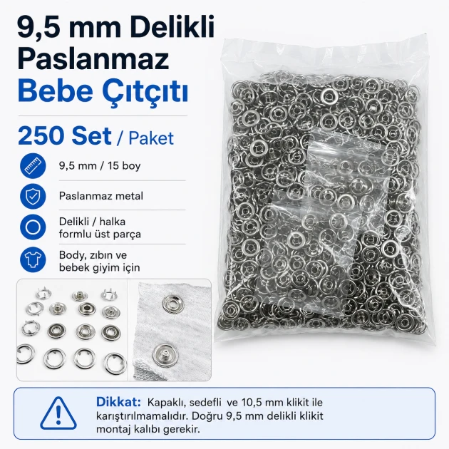 Bebe Çıtçıtı 9,5 mm Paslanmaz Delikli Klikıt Çıtçıt 250 Adet/Pk C0095DPPK - Paslanmaz metal bebek giyim çıtçıtı