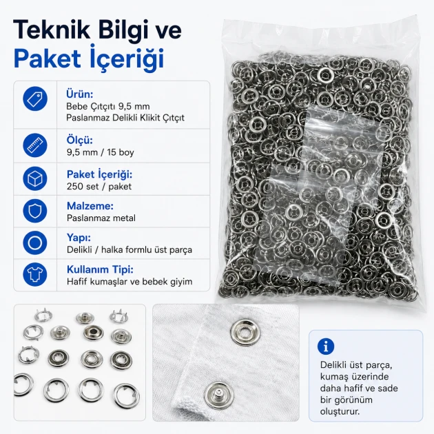 Bebe Çıtçıtı 9,5 mm Paslanmaz Delikli Klikıt Çıtçıt 250 Adet/Pk C0095DPPK - Paslanmaz metal bebek giyim çıtçıtı
