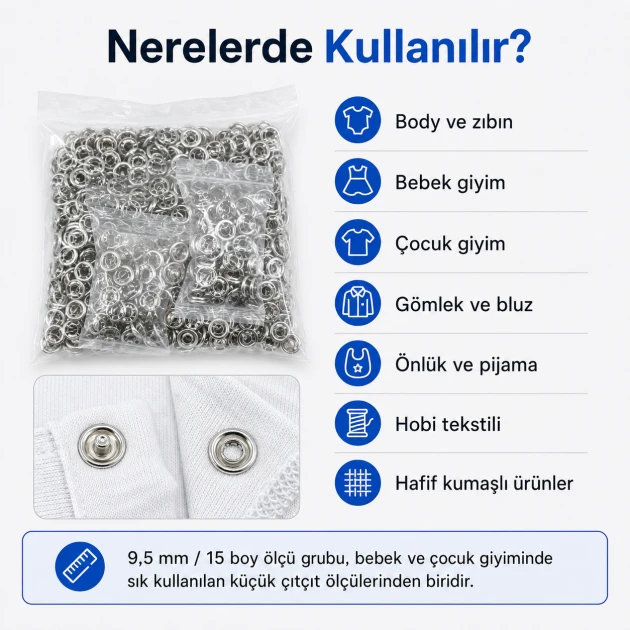 Bebe Çıtçıtı 9,5 mm Paslanmaz Delikli Klikıt Çıtçıt 250 Adet/Pk C0095DPPK - Paslanmaz metal bebek giyim çıtçıtı