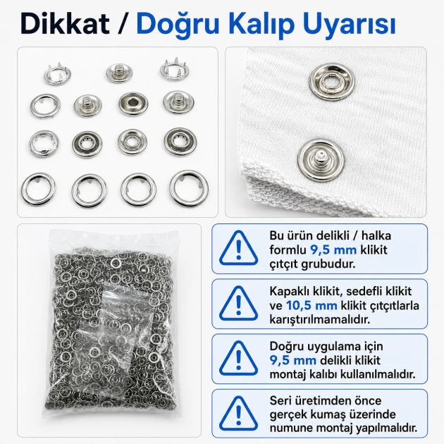 Bebe Çıtçıtı 9,5 mm Paslanmaz Delikli Klikıt Çıtçıt 250 Adet/Pk C0095DPPK - Paslanmaz metal bebek giyim çıtçıtı