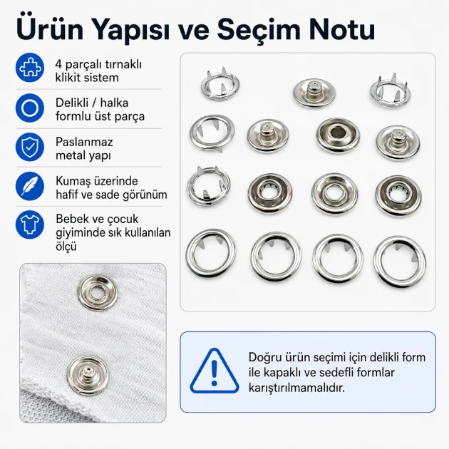 Bebe Çıtçıtı 9,5 mm Paslanmaz Delikli Klikıt Çıtçıt 250 Adet/Pk C0095DPPK - Paslanmaz metal bebek giyim çıtçıtı