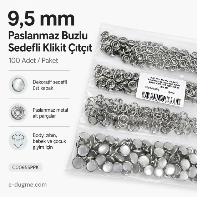9,5 mm paslanmaz buzlu sedefli klikıt çıtçıt, tekstil aksesuarı, 100 adet paket