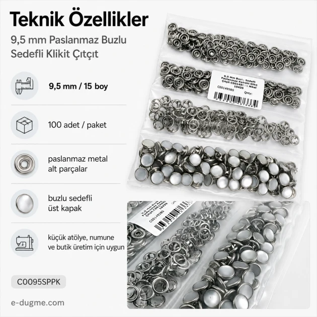9,5 mm paslanmaz buzlu sedefli klikıt çıtçıt, tekstil aksesuarı, 100 adet paket