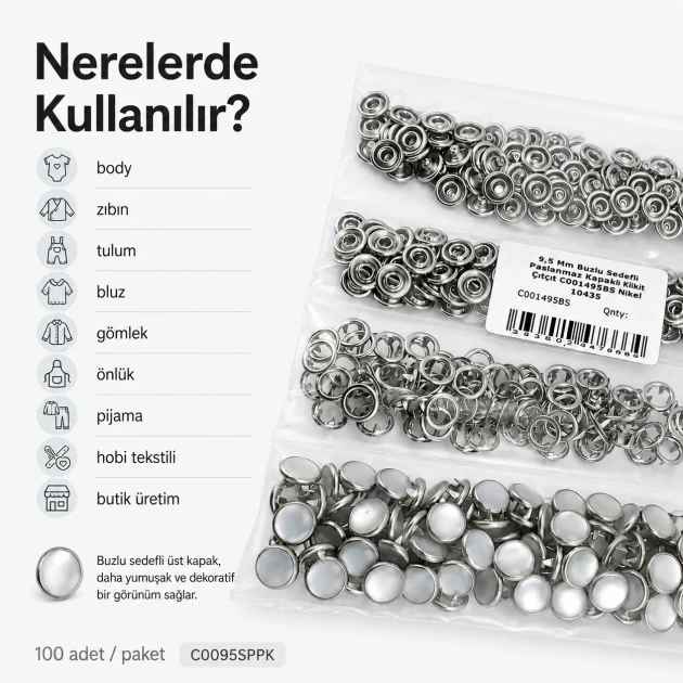 9,5 mm paslanmaz buzlu sedefli klikıt çıtçıt, tekstil aksesuarı, 100 adet paket