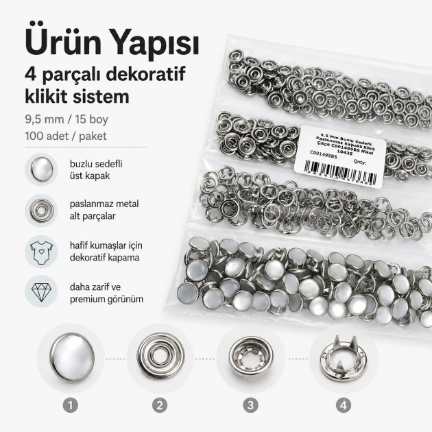 9,5 mm paslanmaz buzlu sedefli klikıt çıtçıt, tekstil aksesuarı, 100 adet paket