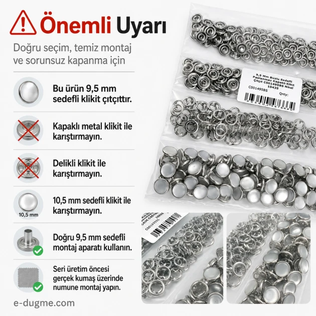 9,5 mm paslanmaz buzlu sedefli klikıt çıtçıt, tekstil aksesuarı, 100 adet paket
