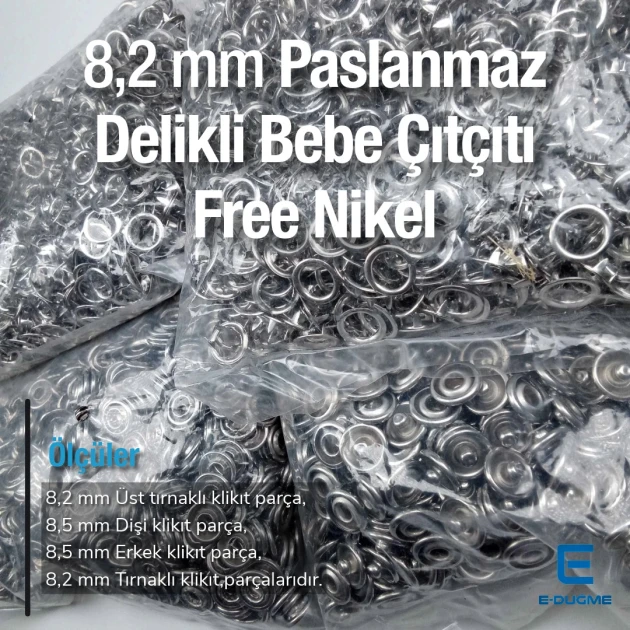 Snap Button For Baby Clothes 8 mm 0,31" Prong Snap Fasteners - 1000 Pieces Stainnless Steel ERBCLK0008P