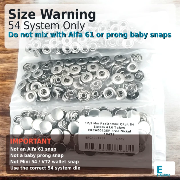 12.5 mm / 0.49 in Stainless Silver 54 System Snap Fasteners for bags, clothing, and accessories