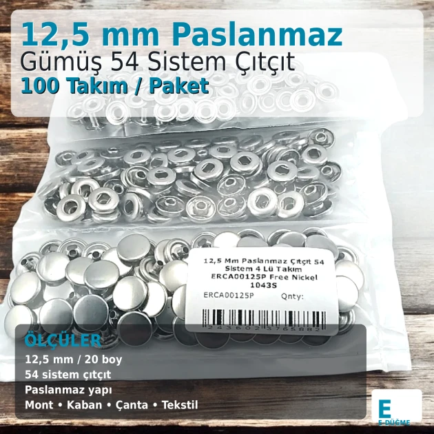 12.5 mm / 0.49 in Stainless Silver 54 System Snap Fasteners for bags, clothing, and accessories