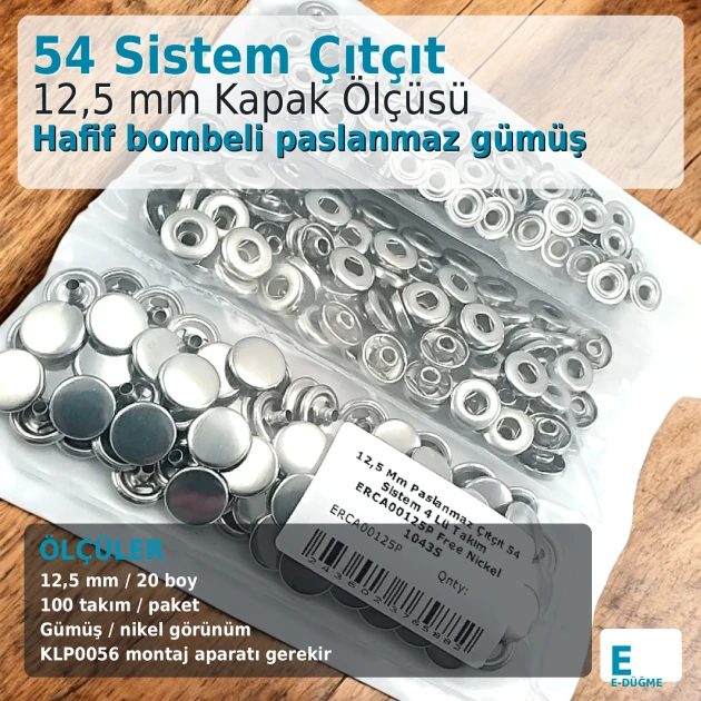 12.5 mm / 0.49 in Stainless Silver 54 System Snap Fasteners for bags, clothing, and accessories