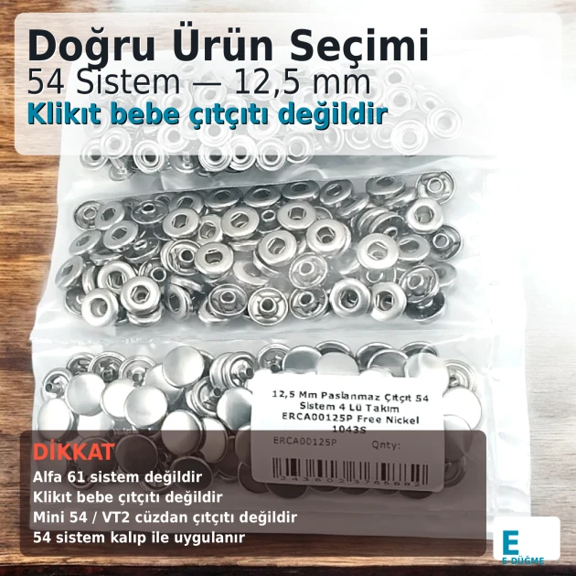 12.5 mm / 0.49 in Stainless Silver 54 System Snap Fasteners for bags, clothing, and accessories