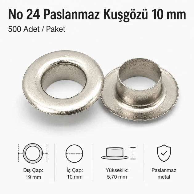 10 mm / 0.39 in Inner Diameter Stainless Metal Eyelet Capsule, 500 pcs/Pack ER0024P for textile, leather, and outdoor
