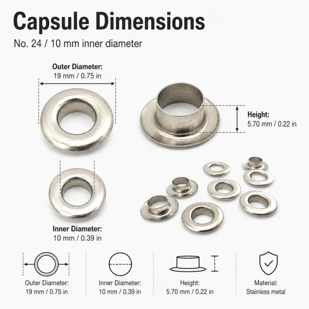 10 mm / 0.39 in Inner Diameter Stainless Metal Eyelet Capsule, 500 pcs/Pack ER0024P for textile, leather, and outdoor