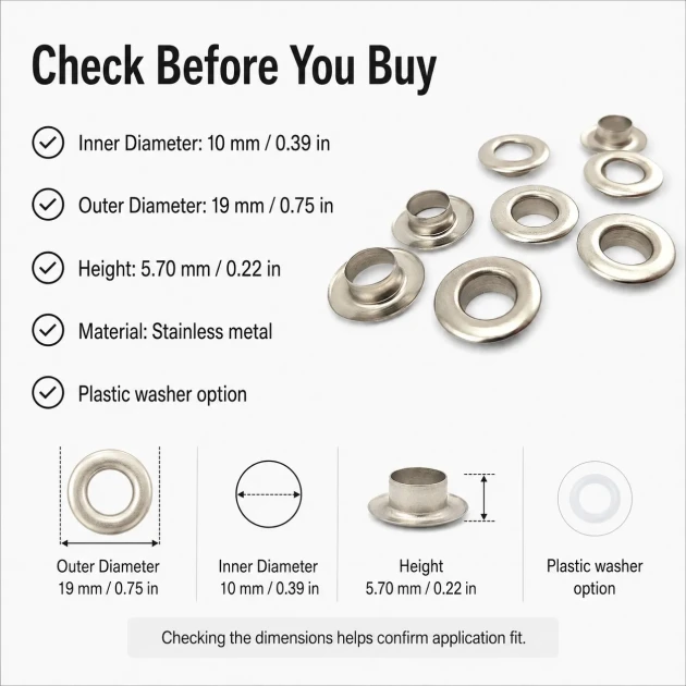 10 mm / 0.39 in Inner Diameter Stainless Metal Eyelet Capsule, 500 pcs/Pack ER0024P for textile, leather, and outdoor