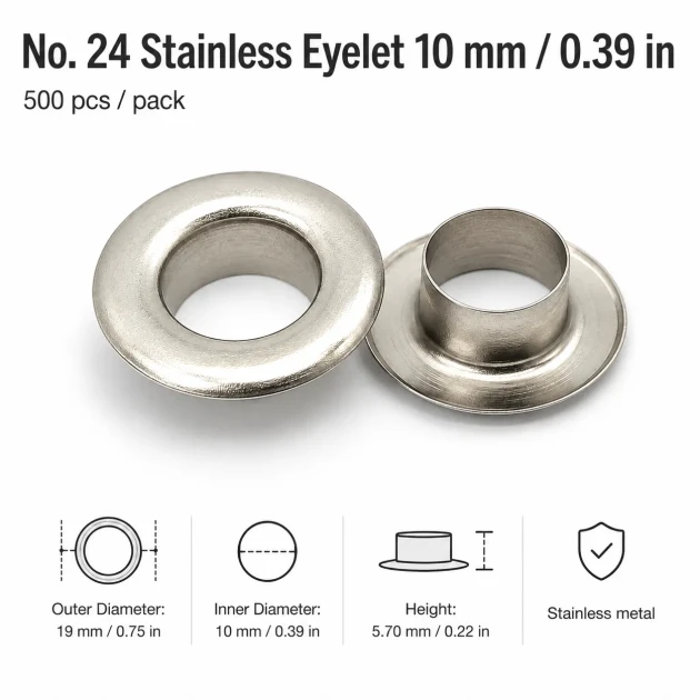 10 mm / 0.39 in Inner Diameter Stainless Metal Eyelet Capsule, 500 pcs/Pack ER0024P for textile, leather, and outdoor