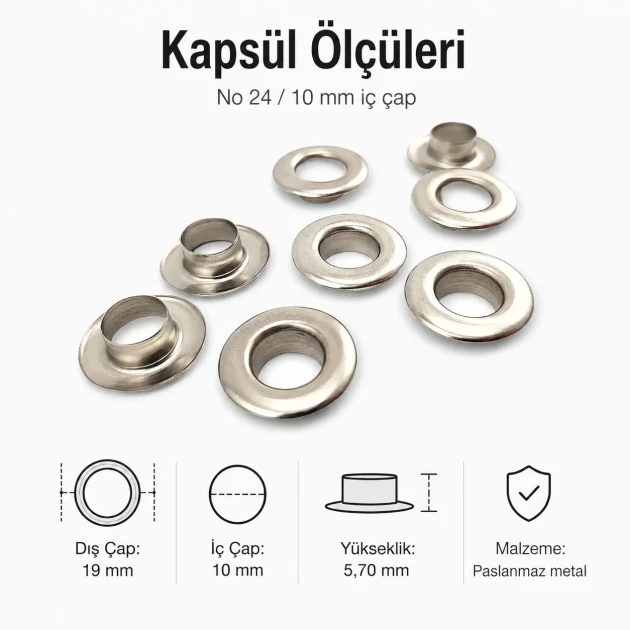 10 mm / 0.39 in Inner Diameter Stainless Metal Eyelet Capsule, 500 pcs/Pack ER0024P for textile, leather, and outdoor