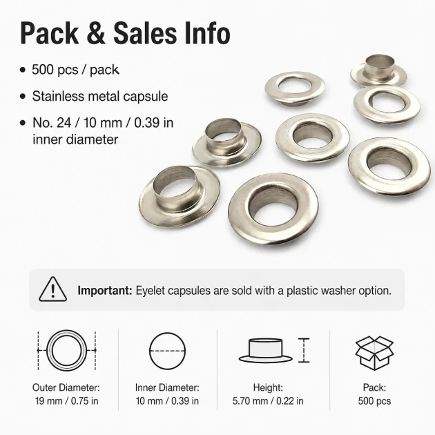 10 mm / 0.39 in Inner Diameter Stainless Metal Eyelet Capsule, 500 pcs/Pack ER0024P for textile, leather, and outdoor