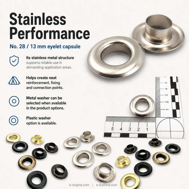 Stainless Steel Eyelet 13 mm / 0.51 in Inner Diameter ER0028P for textile and leather applications