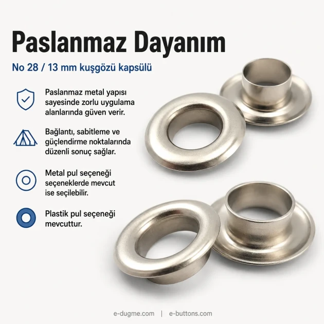 Stainless Steel Eyelet 13 mm / 0.51 in Inner Diameter ER0028P for textile and leather applications