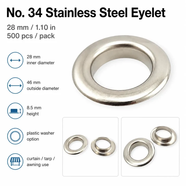 Stainless Steel Eyelet 28 mm / 1.10 in Inner Diameter for textile, leatherwork, bags, and footwear - 500 Pieces Pack ER0034P