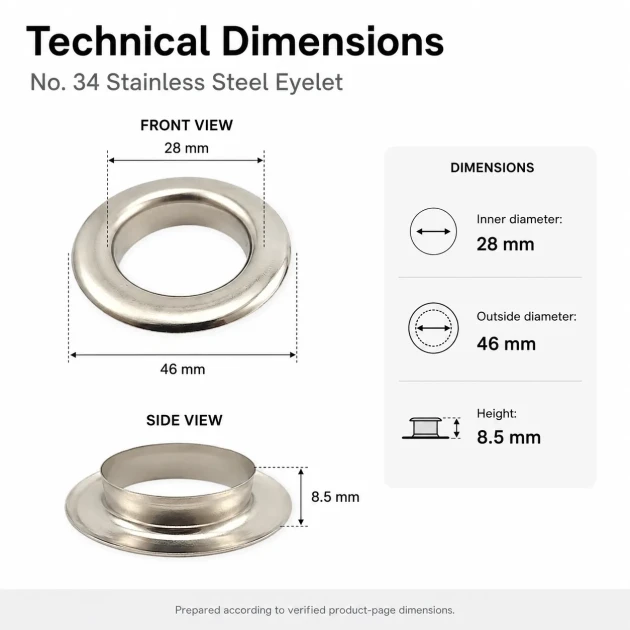 Stainless Steel Eyelet 28 mm / 1.10 in Inner Diameter for textile, leatherwork, bags, and footwear - 500 Pieces Pack ER0034P