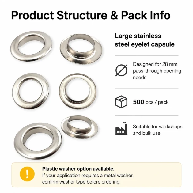 Stainless Steel Eyelet 28 mm / 1.10 in Inner Diameter for textile, leatherwork, bags, and footwear - 500 Pieces Pack ER0034P
