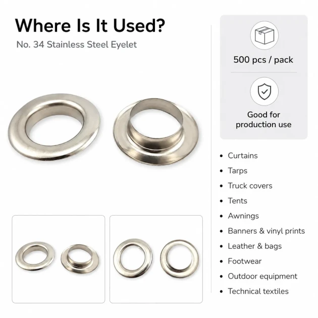 Stainless Steel Eyelet 28 mm / 1.10 in Inner Diameter for textile, leatherwork, bags, and footwear - 500 Pieces Pack ER0034P