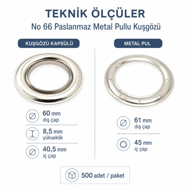 Kuşgözü No 66 40,3 mm Paslanmaz Perde ve Branda Kuşgözü ER0066P, dayanıklı ve estetik tasarımıyla çanta, ayakkabı ve tekstil