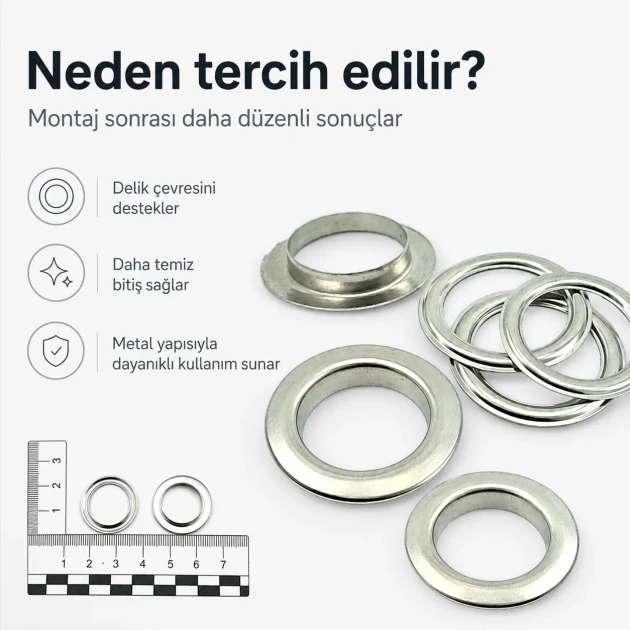 32 No 21 mm Düz Pirinç Kuşgözü - 31,8 mm dış çap, 21 mm iç çap, 4,7 mm boru uzunluğu ile branda, perde ve çadır uygulamaları