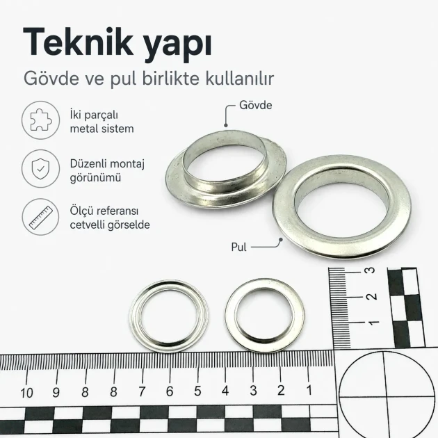 32 No 21 mm Düz Pirinç Kuşgözü - 31,8 mm dış çap, 21 mm iç çap, 4,7 mm boru uzunluğu ile branda, perde ve çadır uygulamaları