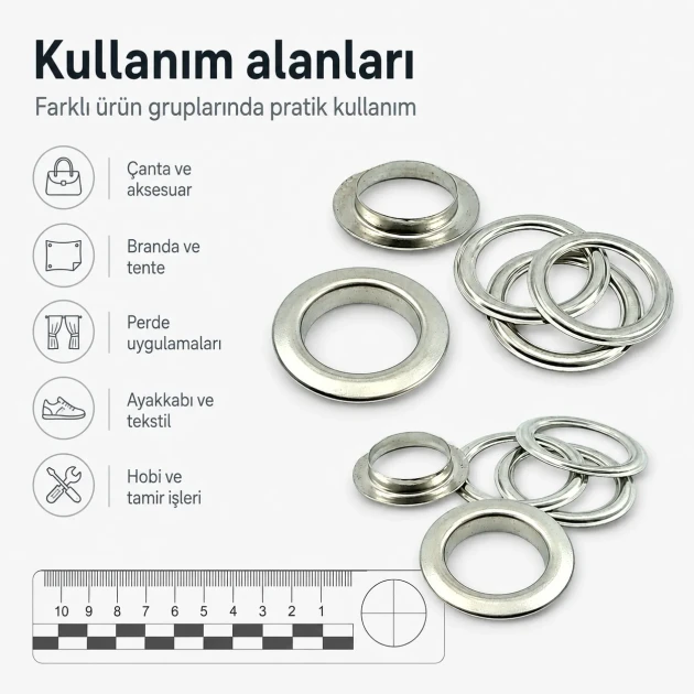 32 No 21 mm Düz Pirinç Kuşgözü - 31,8 mm dış çap, 21 mm iç çap, 4,7 mm boru uzunluğu ile branda, perde ve çadır uygulamaları