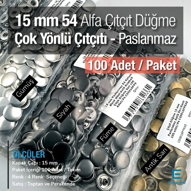 15 mm Çıtçıt Düğme Paslanmaz 100 adet/Pk  C00016PPK