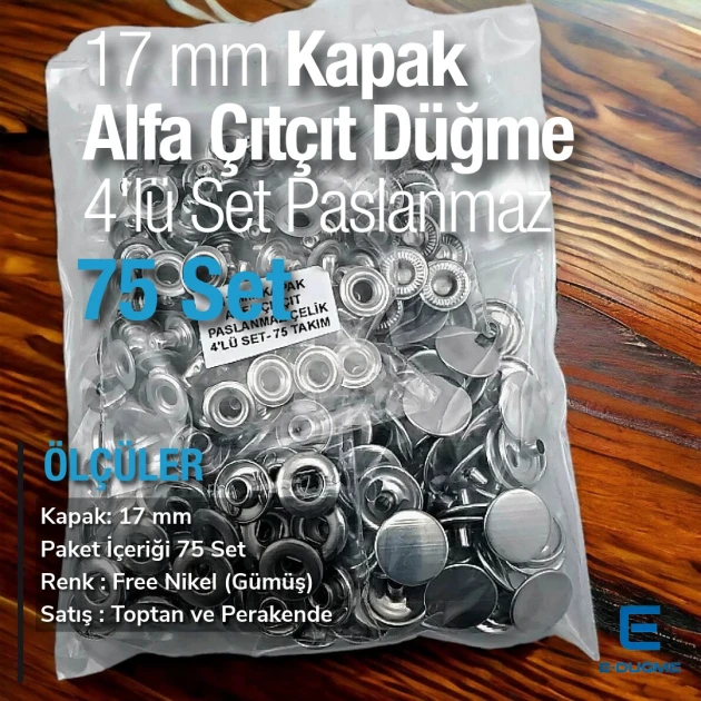 Alfa Paslanmaz Çelik Çıtçıt Düğme 17 mm Çıtçıt Düğme 75 Adet/Paket C0001P17PK