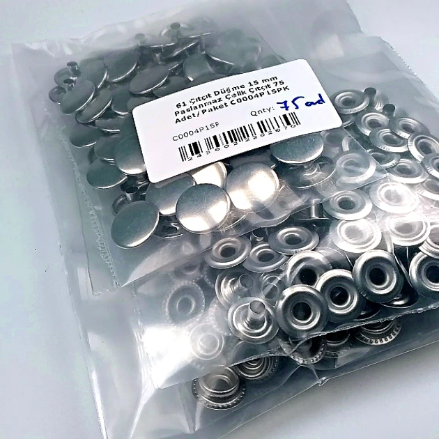 15 mm 61 Çıtçıt Düğme Paslanmaz Çelik Çıtçıt 75 Adet/Paket C0004P15PK