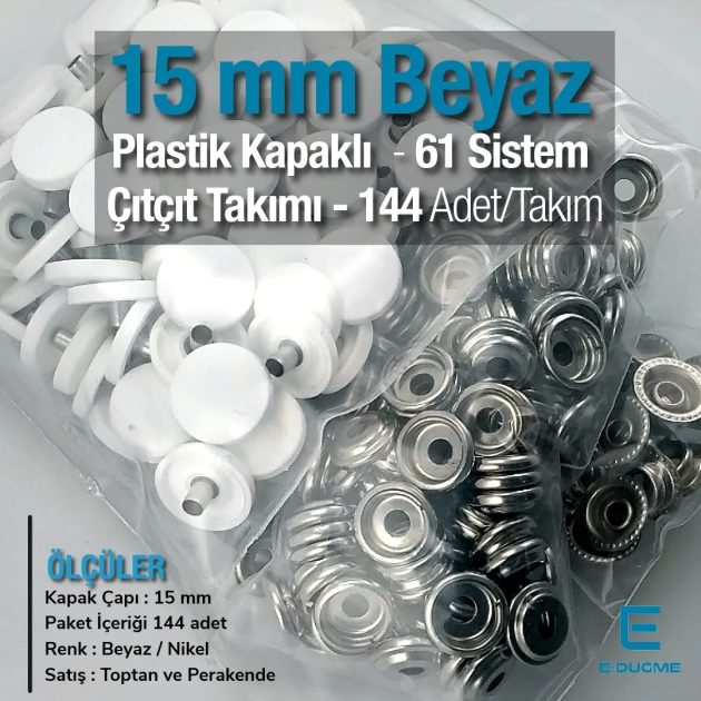 15 mm 61 Çıtçıt Düğme Saç 3 Alt Parça Çıtçıt 144 Adet/Paket C0004PL15PK