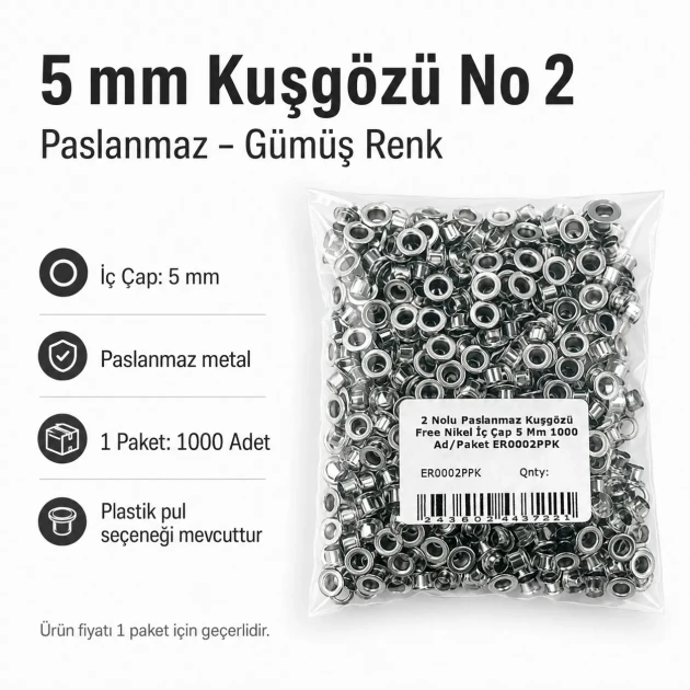 5 mm Inner Diameter Stainless Metal Eyelet, 1000 pcs/Pack ER0002PPK for crafting and textile applications