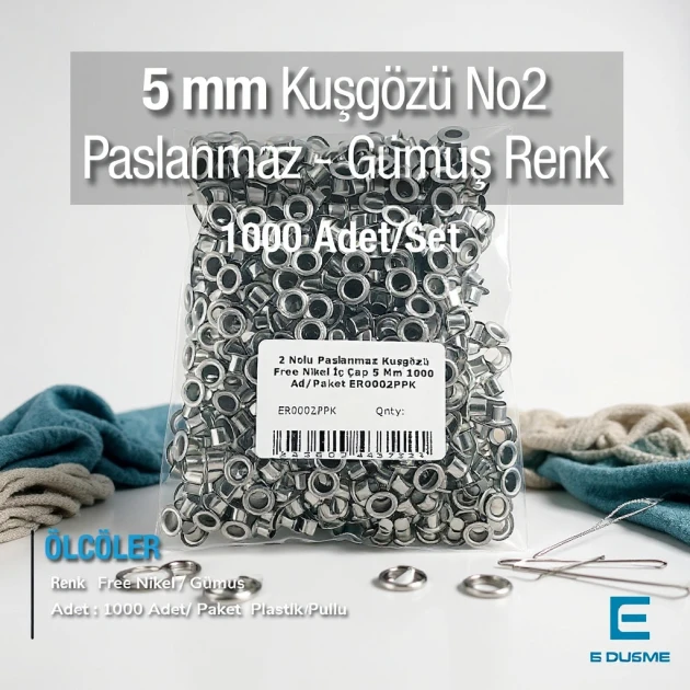 Paslanmaz 2 Nolu Kuşgözü İç Çap 5 mm 1000 Ad/Paket ER0002PPK