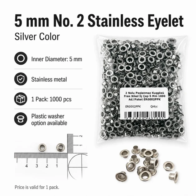 5 mm Inner Diameter Stainless Metal Eyelet, 1000 pcs/Pack ER0002PPK for crafting and textile applications