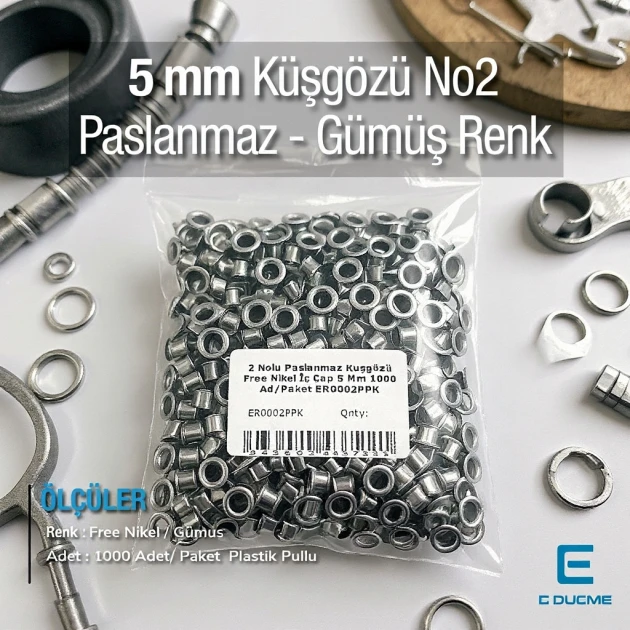 Paslanmaz 2 Nolu Kuşgözü İç Çap 5 mm 1000 Ad/Paket ER0002PPK