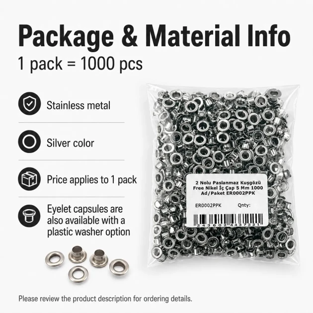5 mm Inner Diameter Stainless Metal Eyelet, 1000 pcs/Pack ER0002PPK for crafting and textile applications