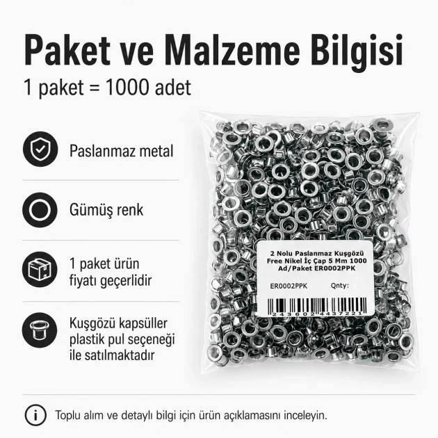 5 mm Inner Diameter Stainless Metal Eyelet, 1000 pcs/Pack ER0002PPK for crafting and textile applications