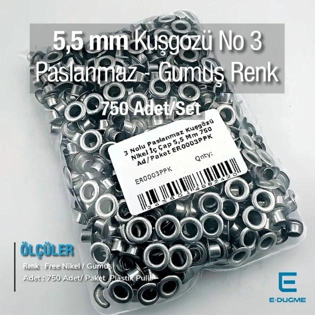 7/32" Eyelet Stainless Free Nickel Inner Diameter 5.5 mm 750 Pcs/Pack ER0003PPK